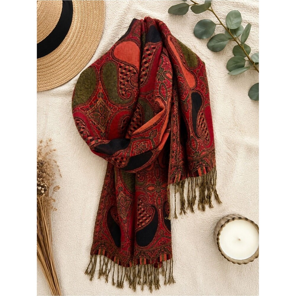 Cashmere Silk Blend Paisley Fringe Scarf Red Orange Black Wrap OS